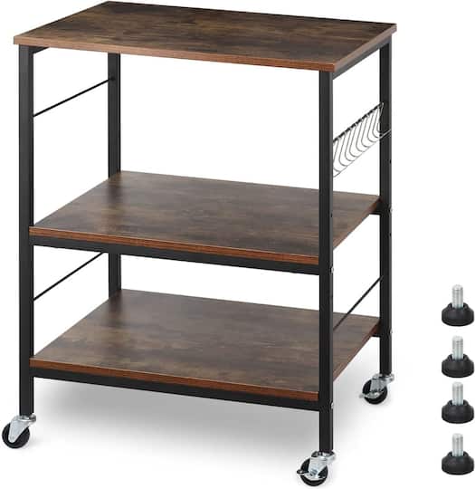 Rustic Brown Wood Kitchen Carts 3-Tier Rolling Rack with 10 Hooks